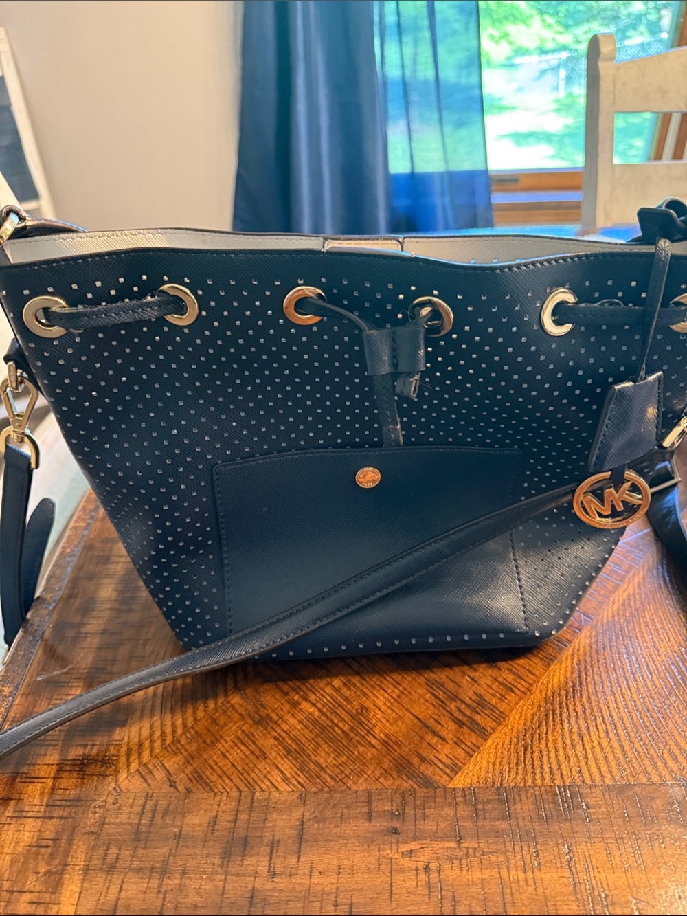 Michael Kors Navy Perforated Drawstring Tote with Gold Hardware